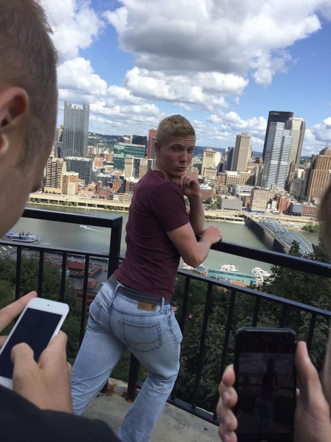Graduated Knoch student Jessie Fesel poses for his friends on top of Mount Washington. Last year on September 9, the German exchange students and their hosts took a ride on the incline during a field trip to Pittsburgh. 