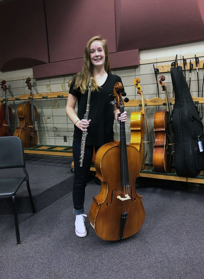 Junior Brianna Downing, plays both the cello and flute. Due to schedule changes this year, she has to split her time between the two during fifth period. 