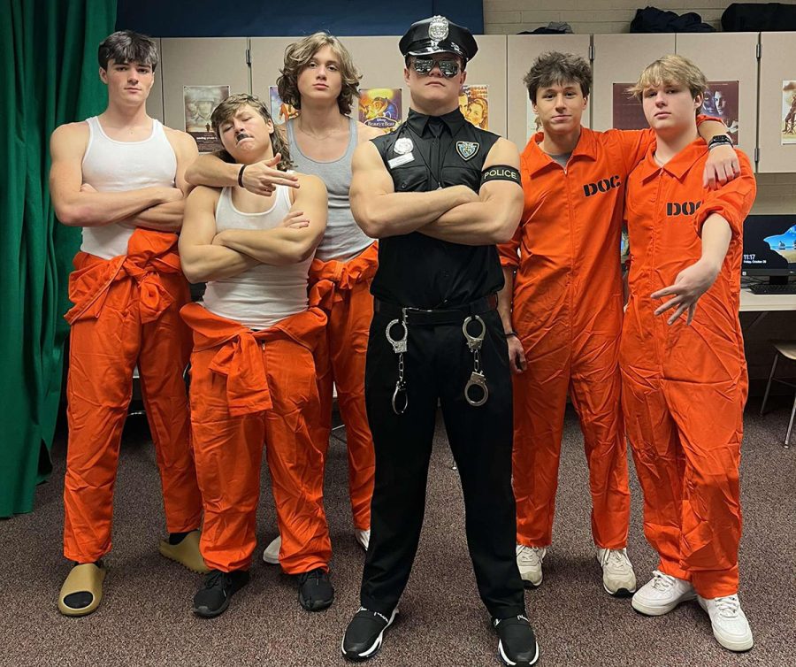 Seniors Tyler Alwine, Gage Steigner, Kamden Cherevka, Jake Murphy, Jordan Crites, and Brandon Porter dressed up as police and jail mates. This was the most interactive costume because Jake would disrupt classes and arrest one of the students. 